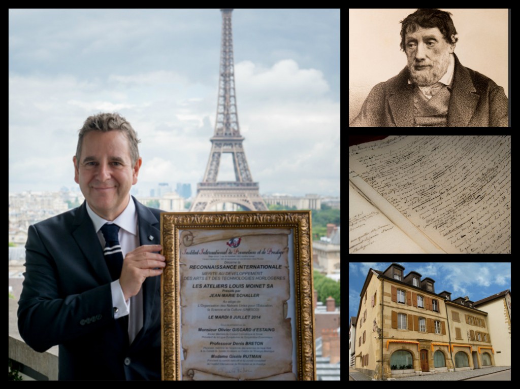 Jean Marie Schaller, CEO degli Ateliers Louis Moinet, la sede a St.Blais, Louis Moinet e un suo scritto